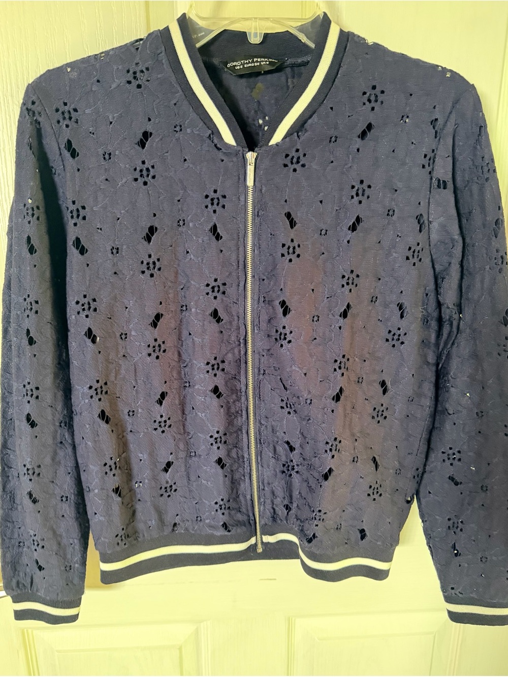 Dorothy Perkins Navy Floral Lace Bomber Jacket with Contrast Trim